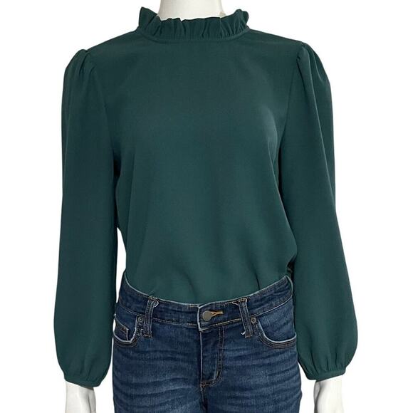 J.Crew Ruffle Neckline Long Sleeve Green Blouse Size Medium - Picture 1 of 9